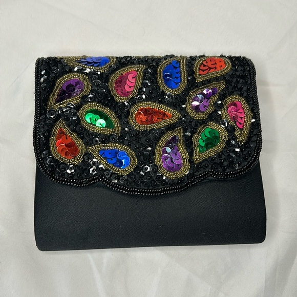 Unbranded black evening bag with colorful sequins. Long braided straps. - Picture 1 of 6